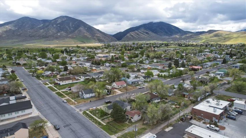 Aerial perspective showcasing a residential area with varied housing styles