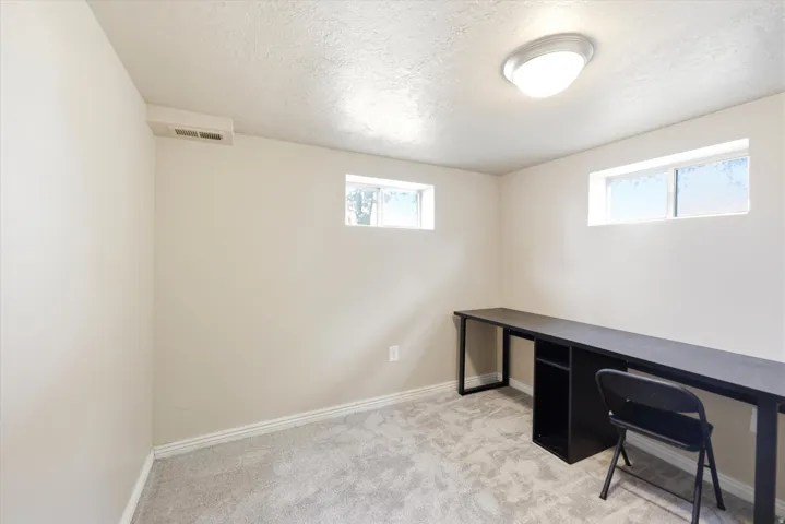 Carpeted room featuring light-toned walls, two windows providing natural light, a built-in linear desk with storage, and a ceiling-mounted light fixture