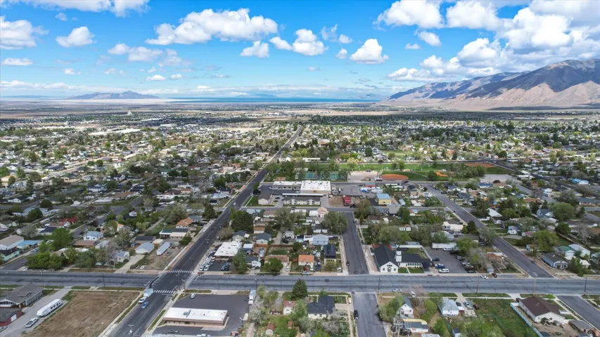 Expansive aerial depiction of a residential area with varied housing styles and mature trees