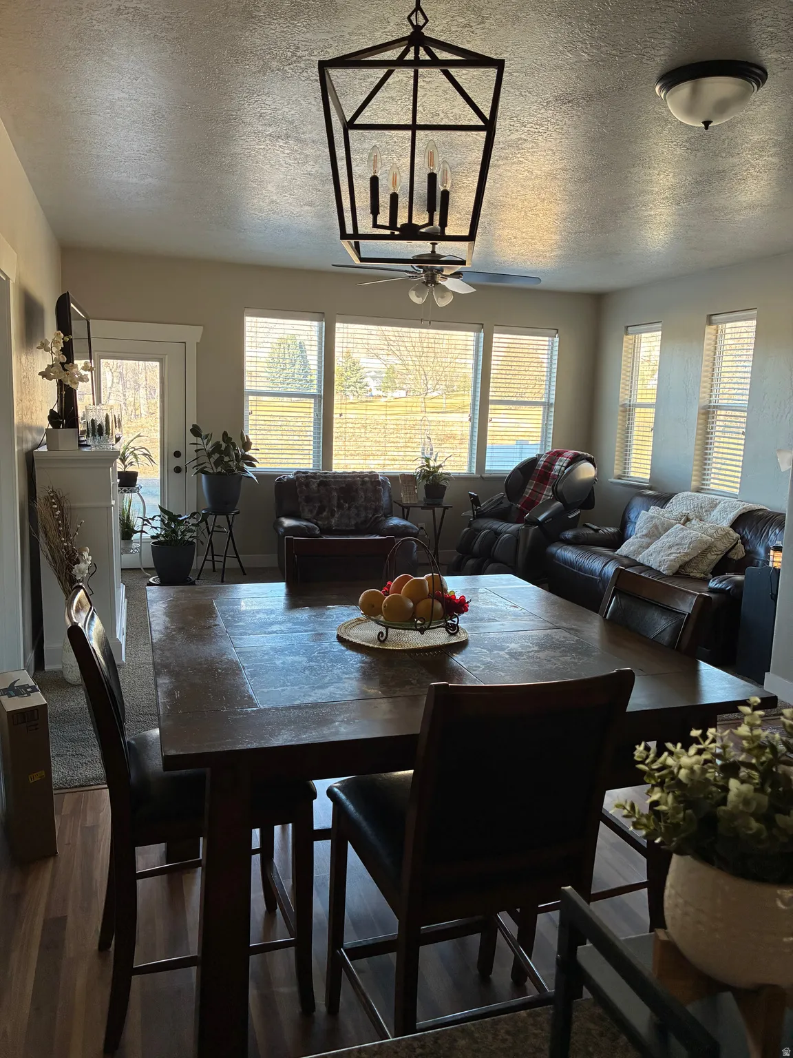 Dining room featuring wood finished floors, a textured ceiling, and a ceiling fan