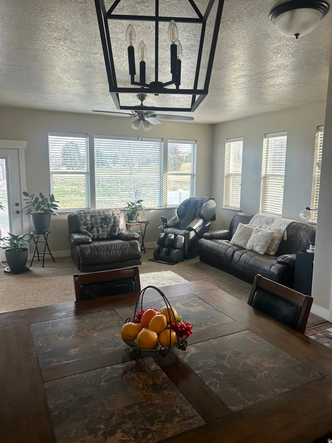 Living room with carpet flooring, a textured ceiling, healthy amount of natural light, and ceiling fan