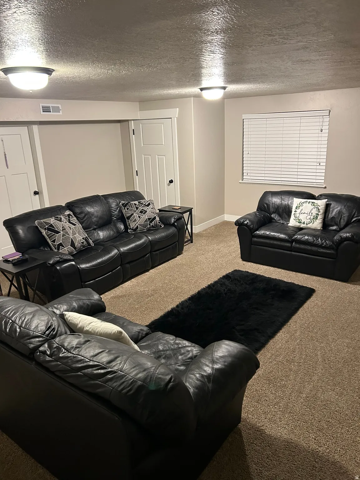 Living area featuring carpet and a textured ceiling