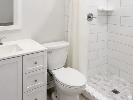 Full bathroom featuring a stall shower, light wood finished floors, and vanity