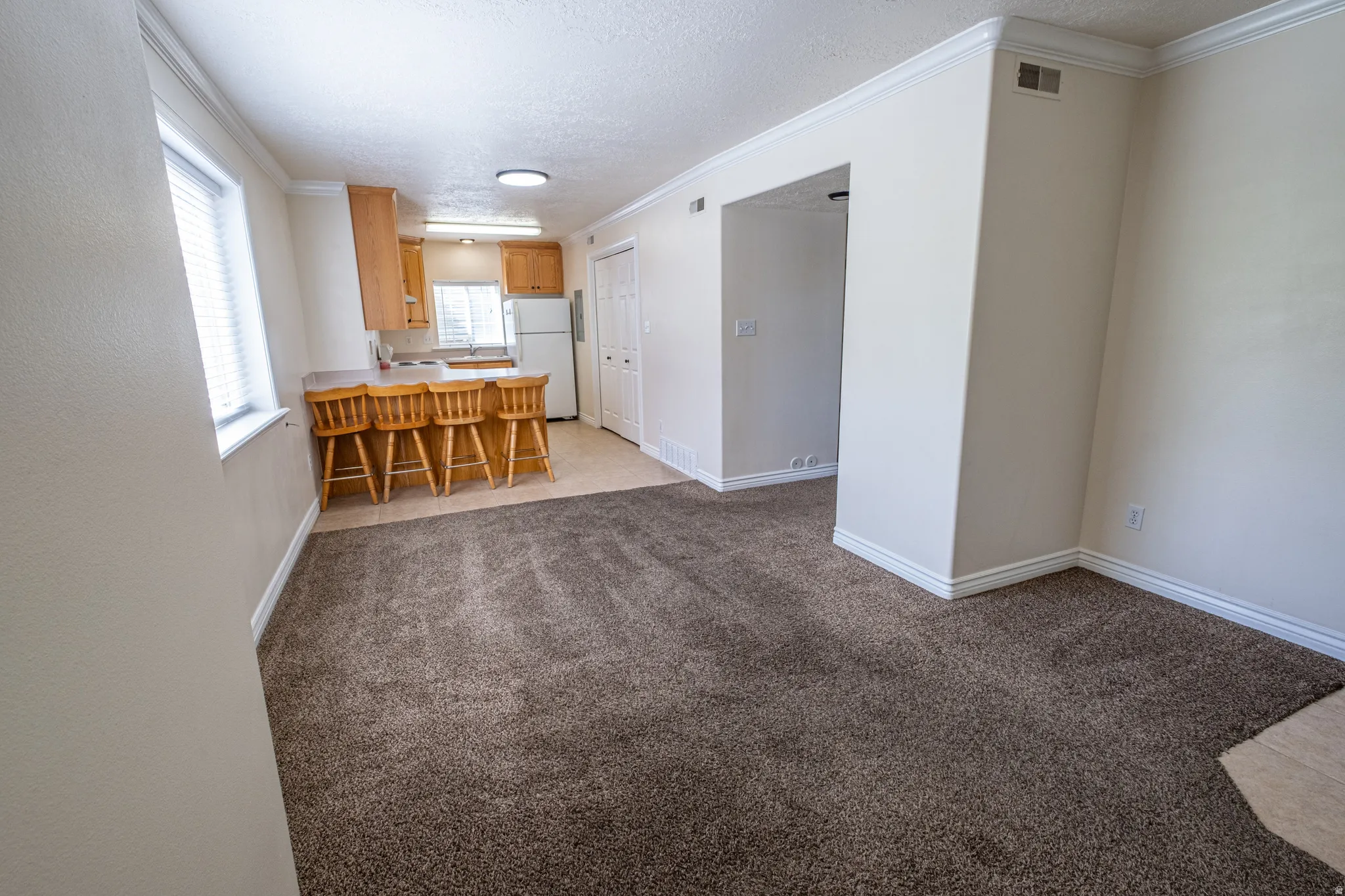 Kitchen with ornamental molding, light carpet, freestanding refrigerator, a textured ceiling, and light countertops