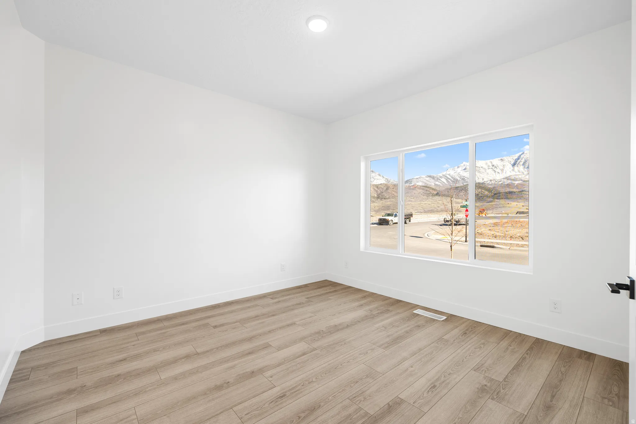 Empty room featuring a mountain view and light wood-type flooring