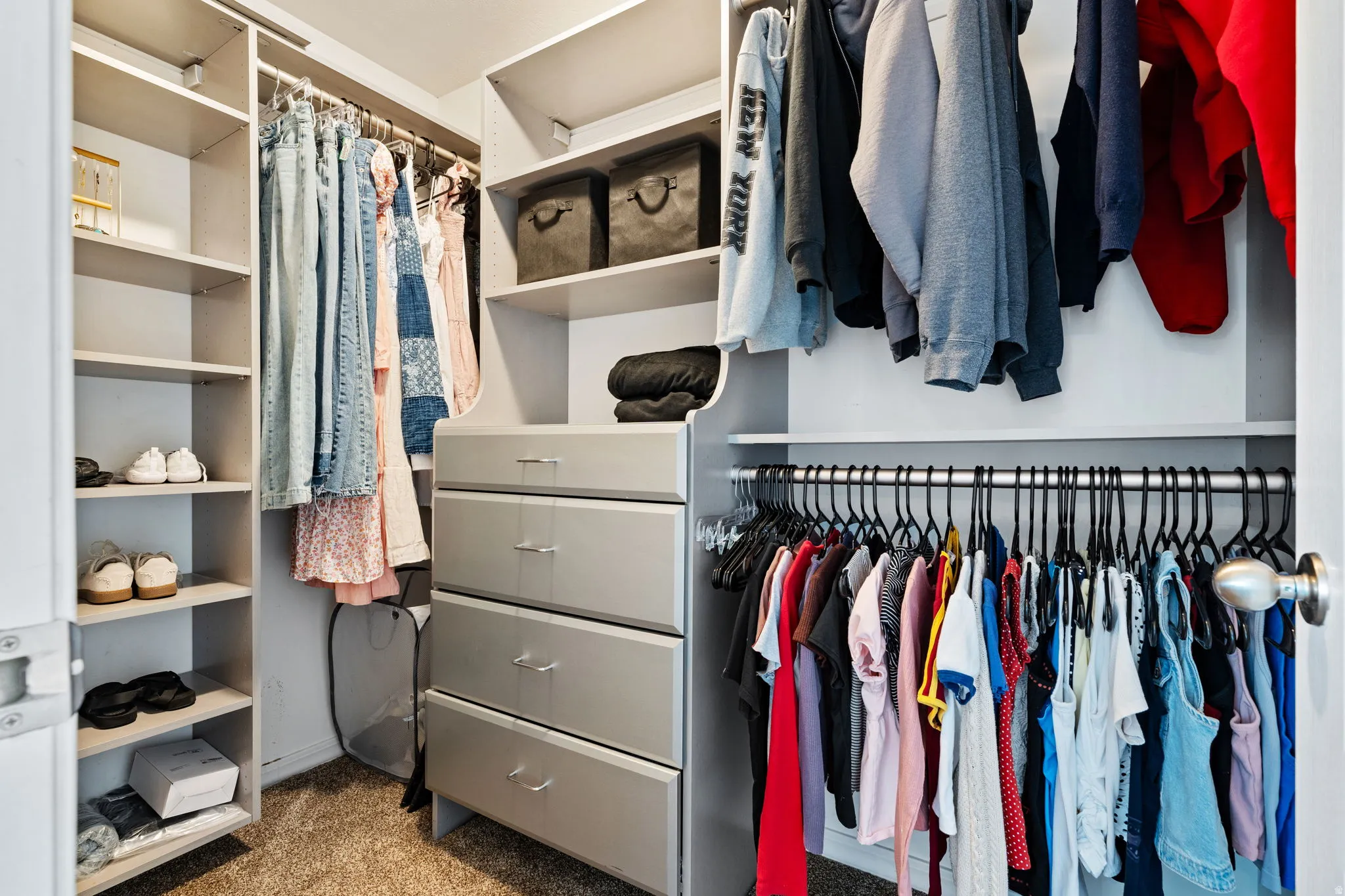 Walk in closet featuring light colored carpet