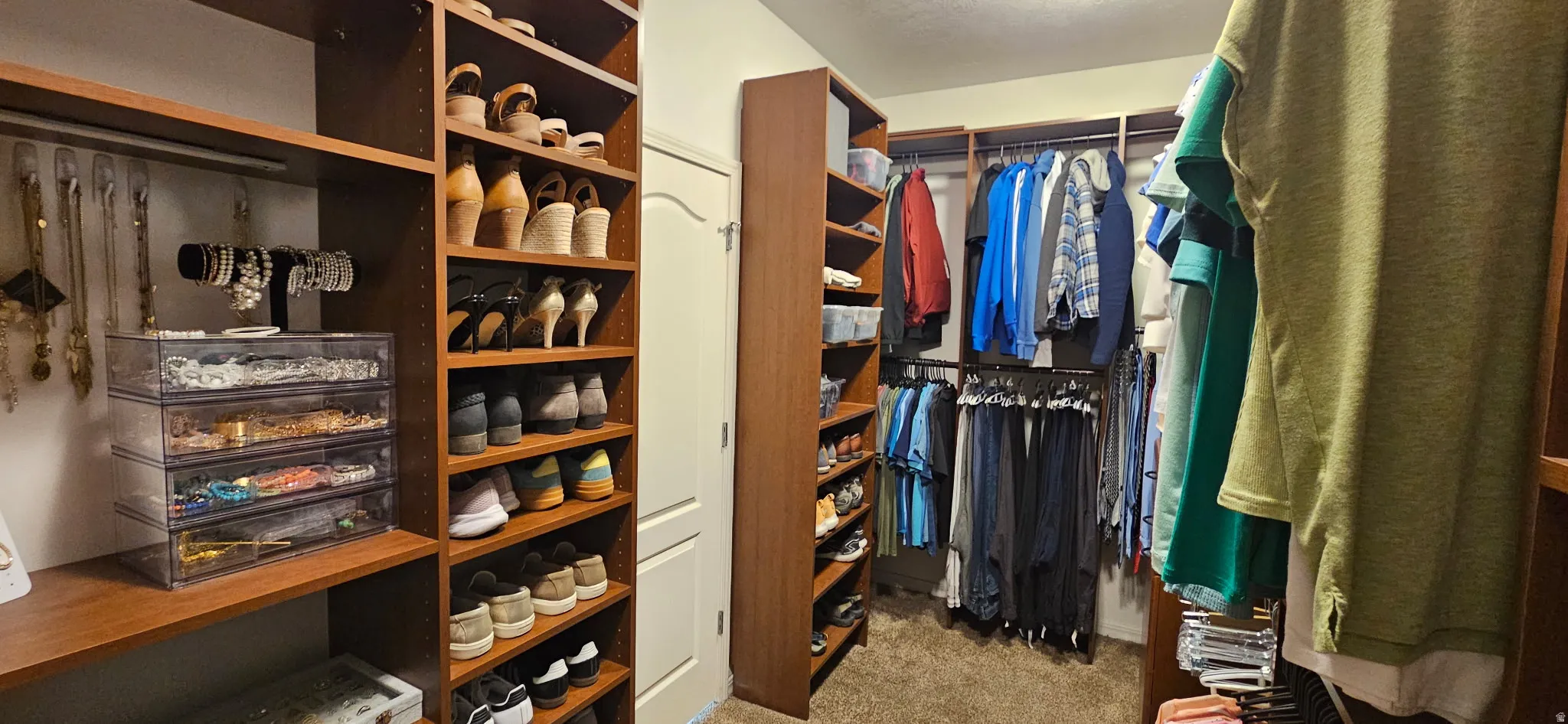 Walk in closet featuring light colored carpet