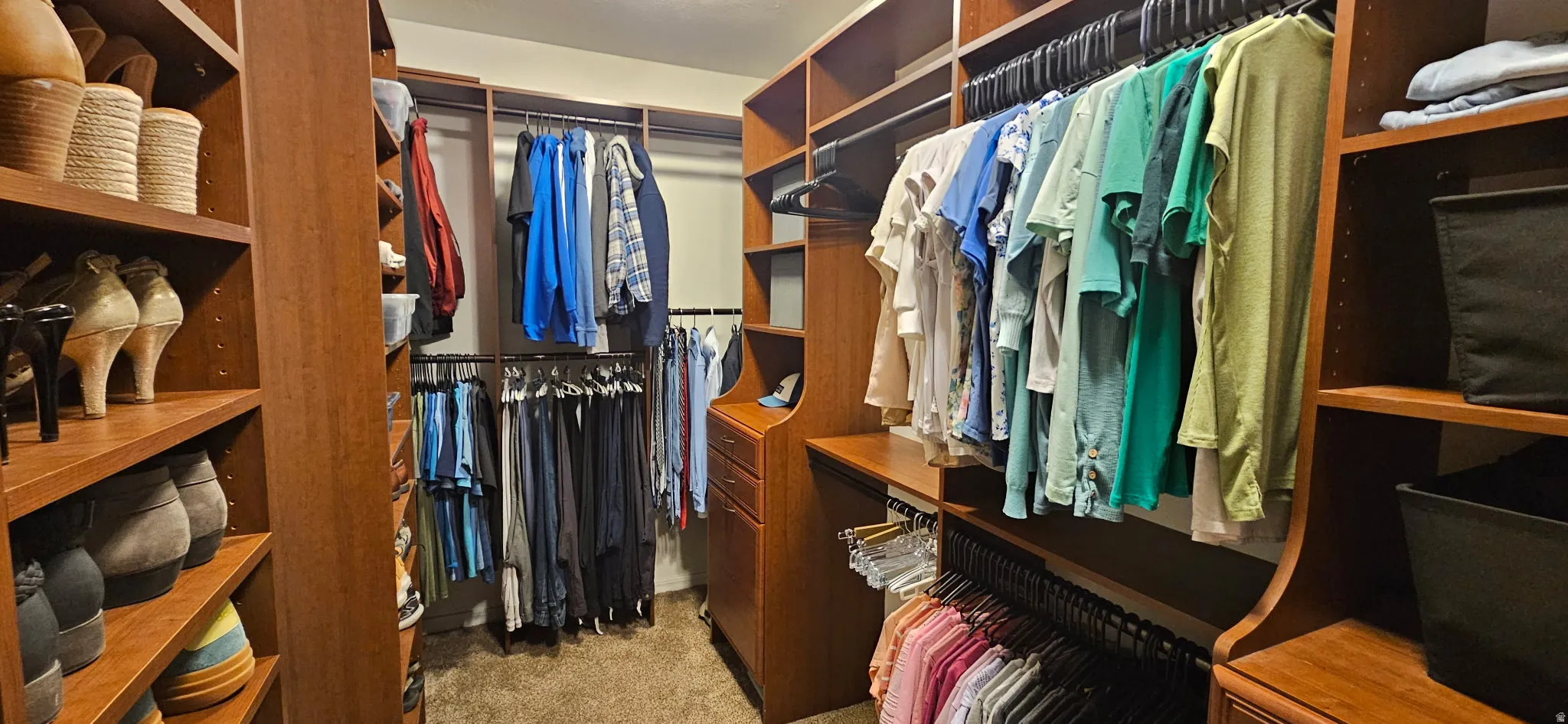 Walk in closet featuring light colored carpet