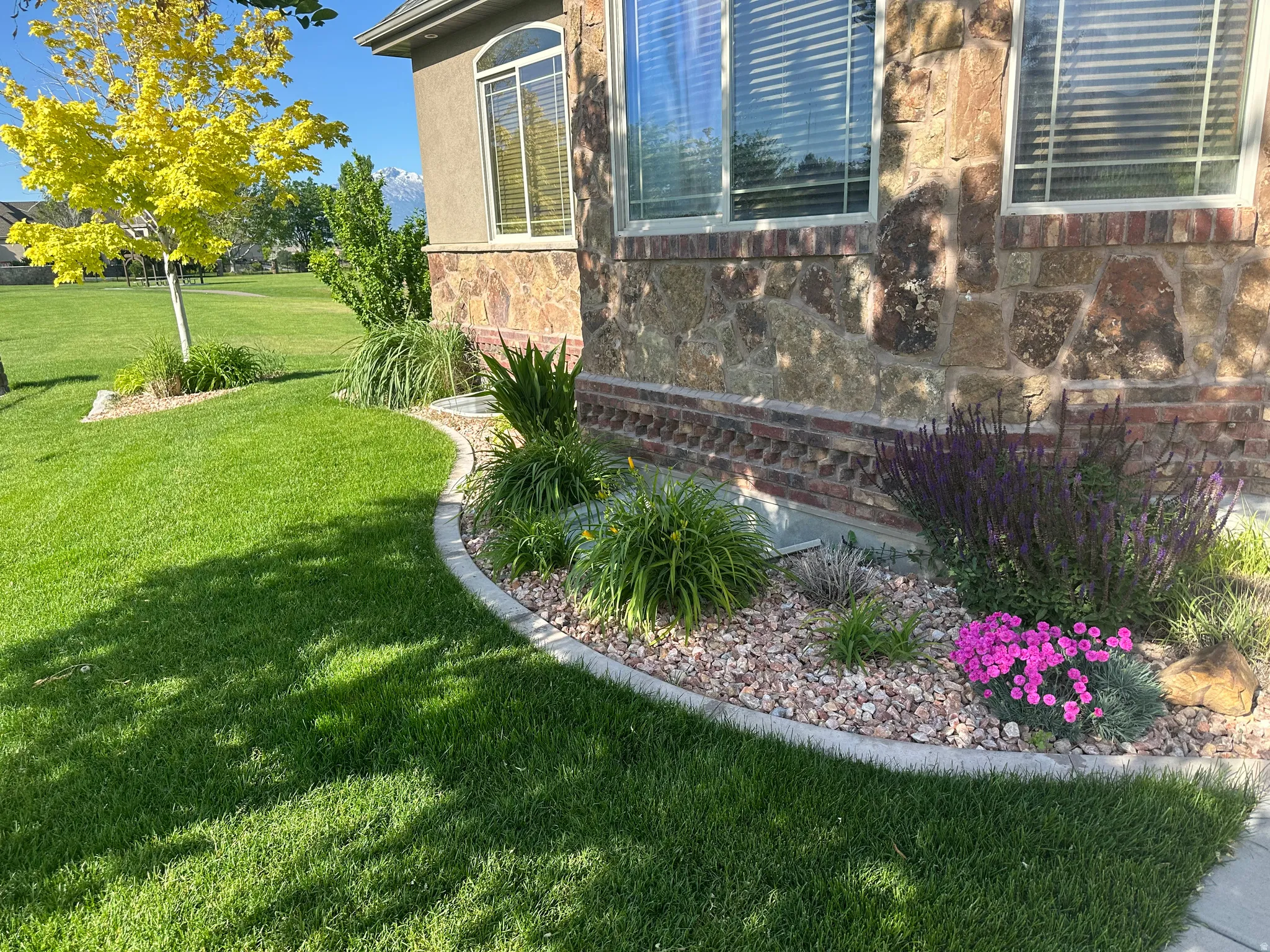 View of property exterior featuring a lawn and stone siding