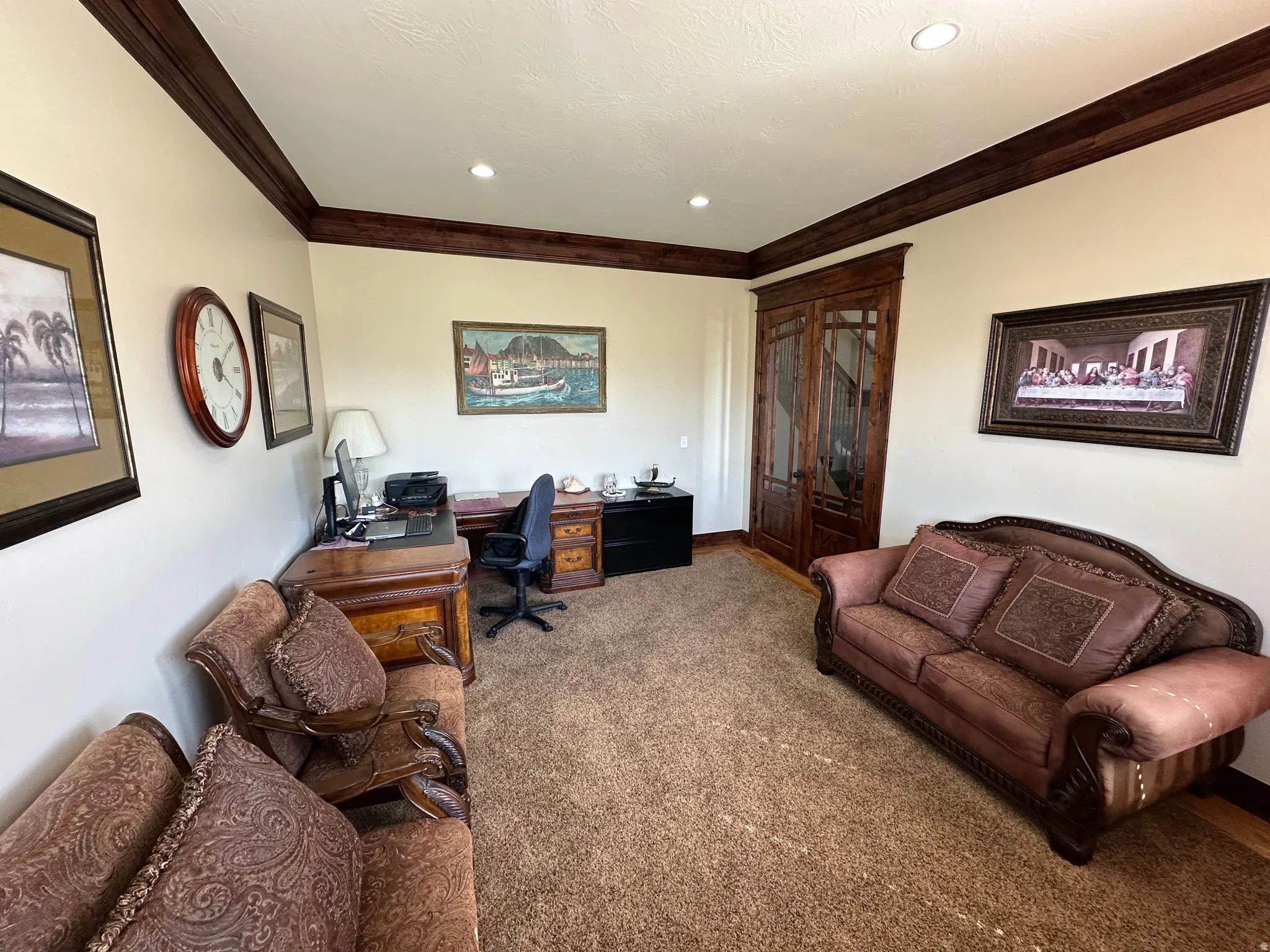 Carpeted home office with ornamental molding, french doors, and recessed lighting