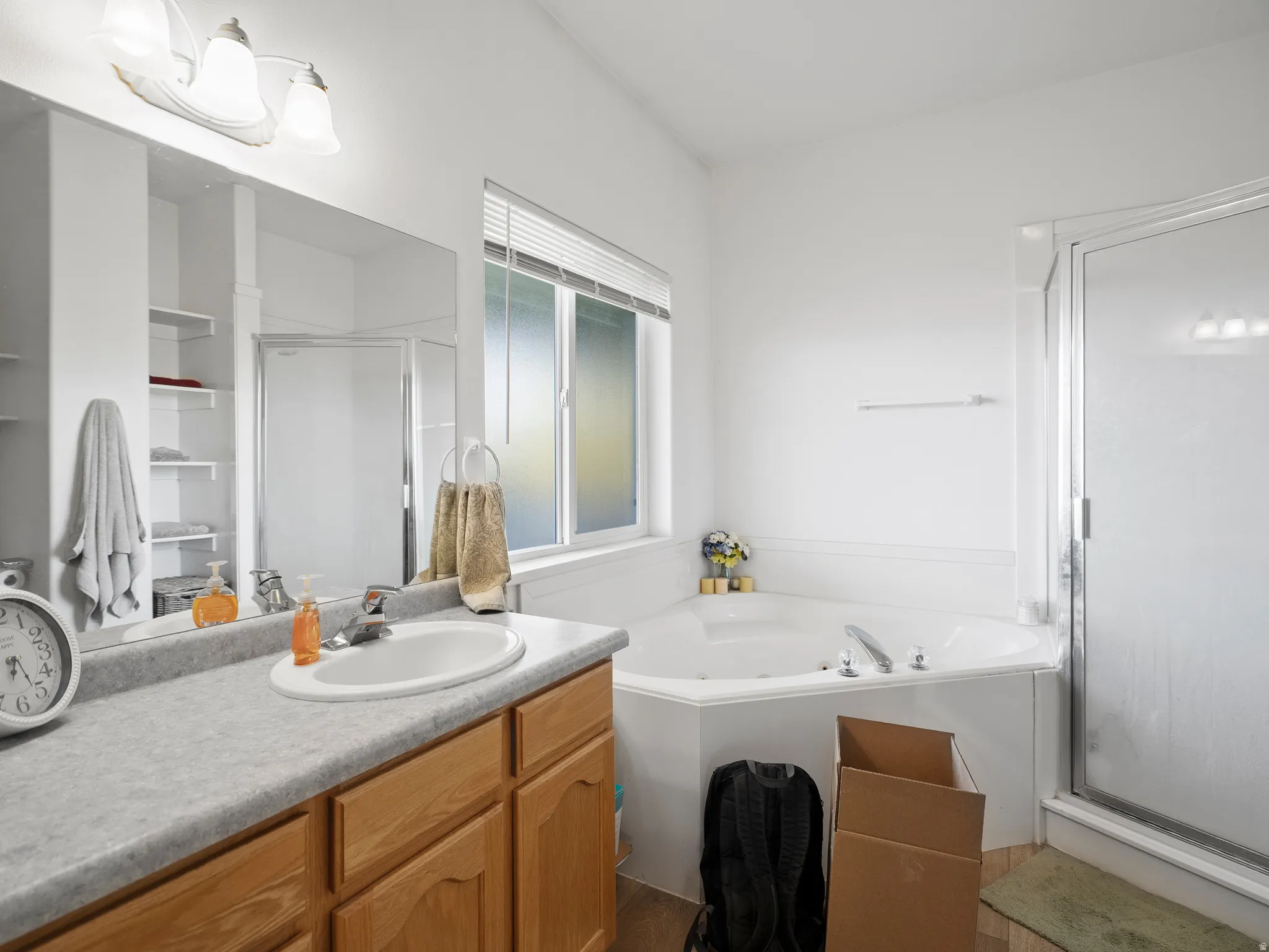 Bathroom featuring a shower stall, vanity, and a tub with jets