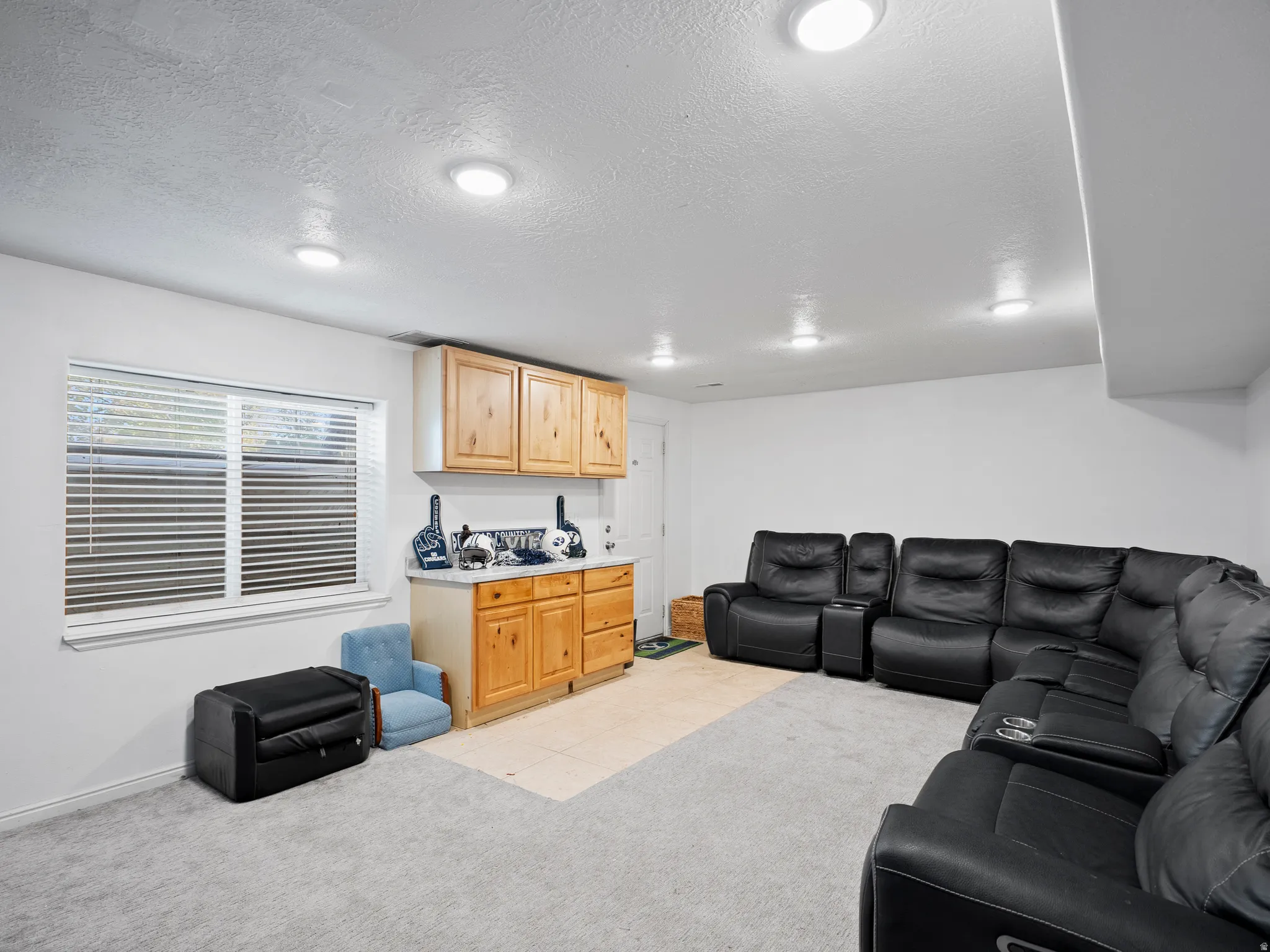 Living room featuring light colored carpet and a textured ceiling