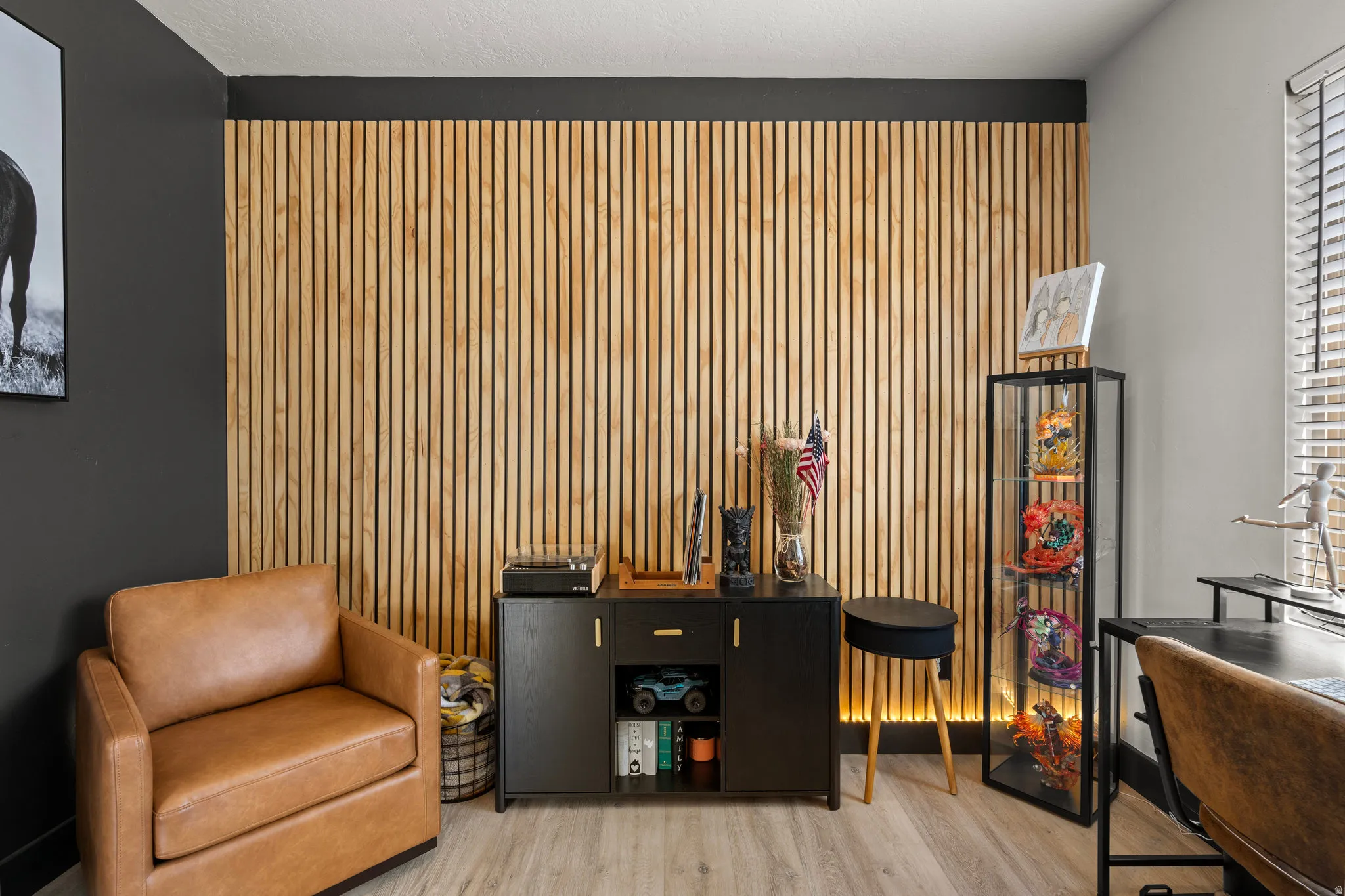 Living area with wood walls