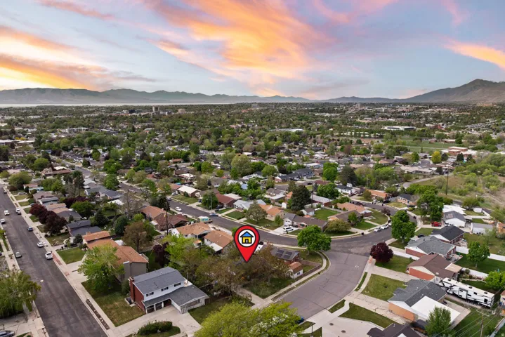 Aerial perspective of suburban area with mountains