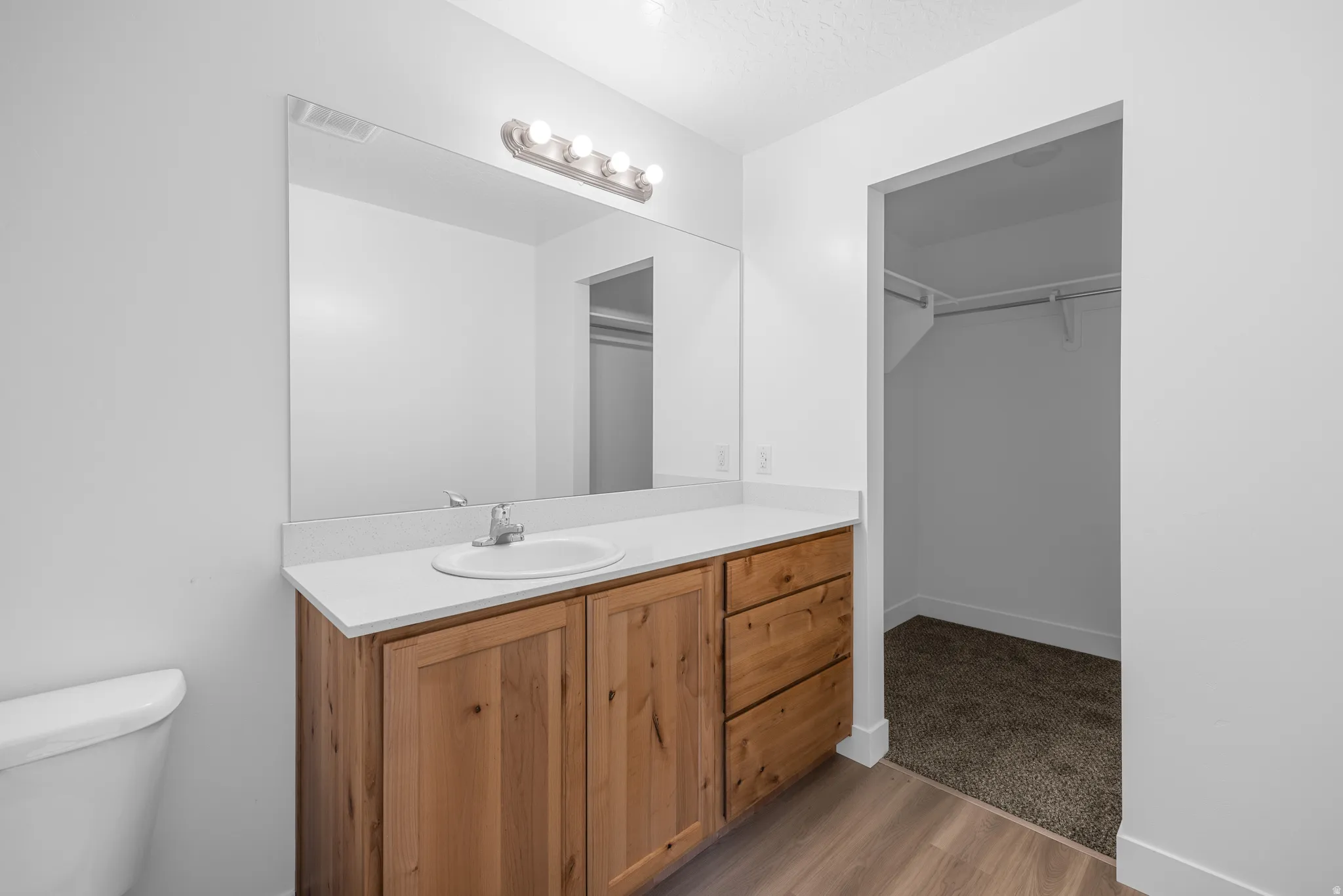 Bathroom with vanity, a spacious closet, dark wood-style floors, and a textured ceiling