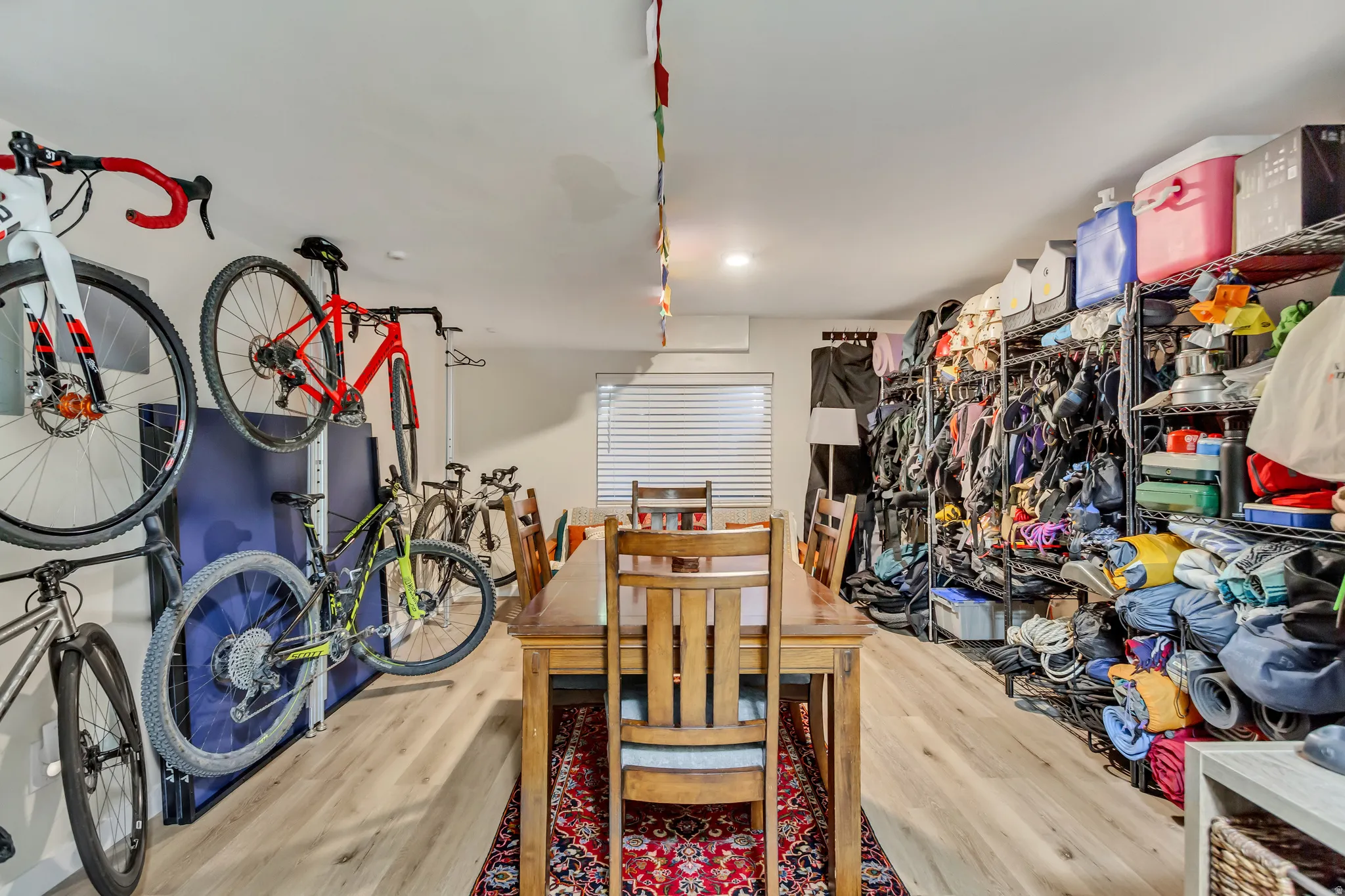 Garage with recessed lighting and bike storage