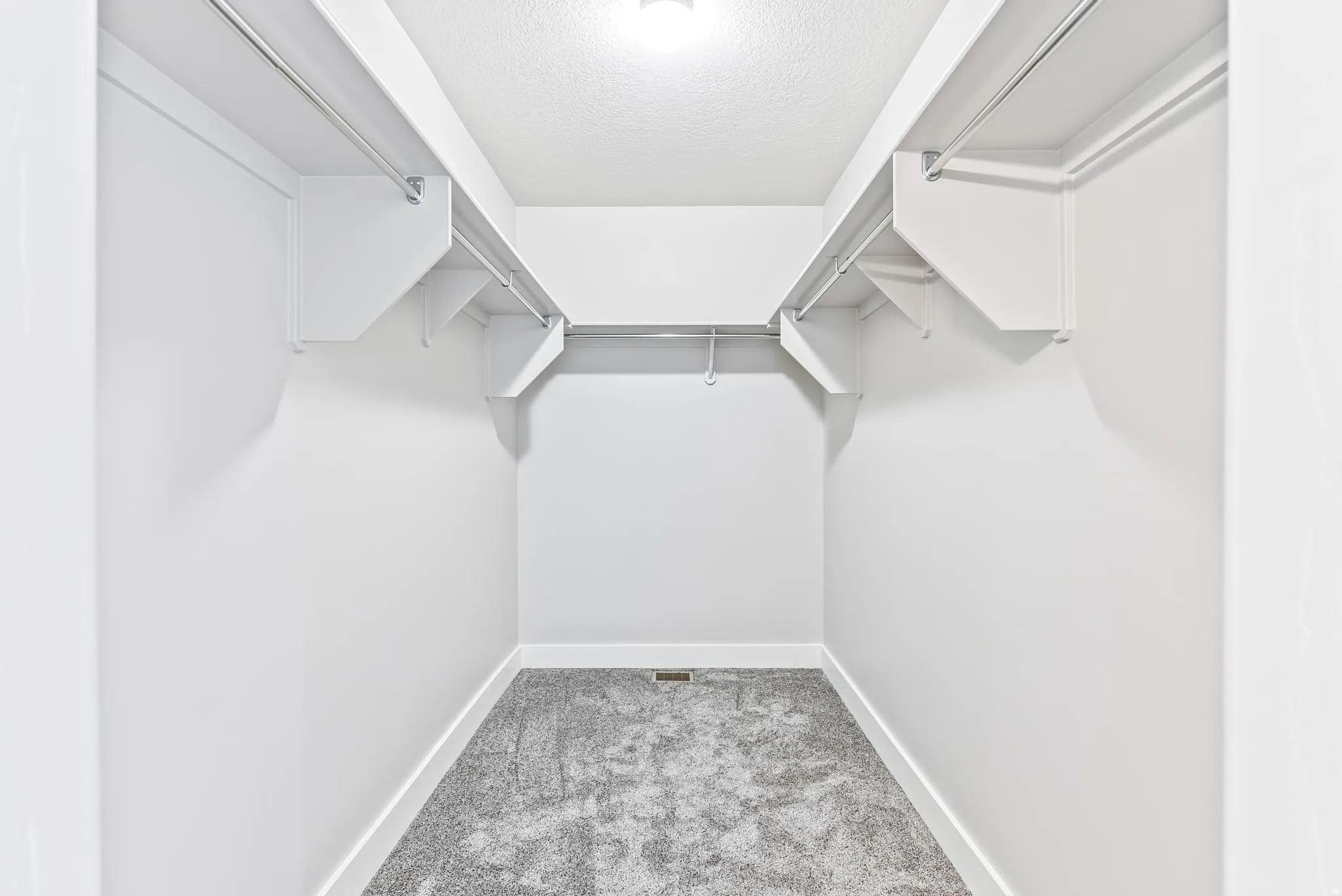 Walk in closet with light colored carpet