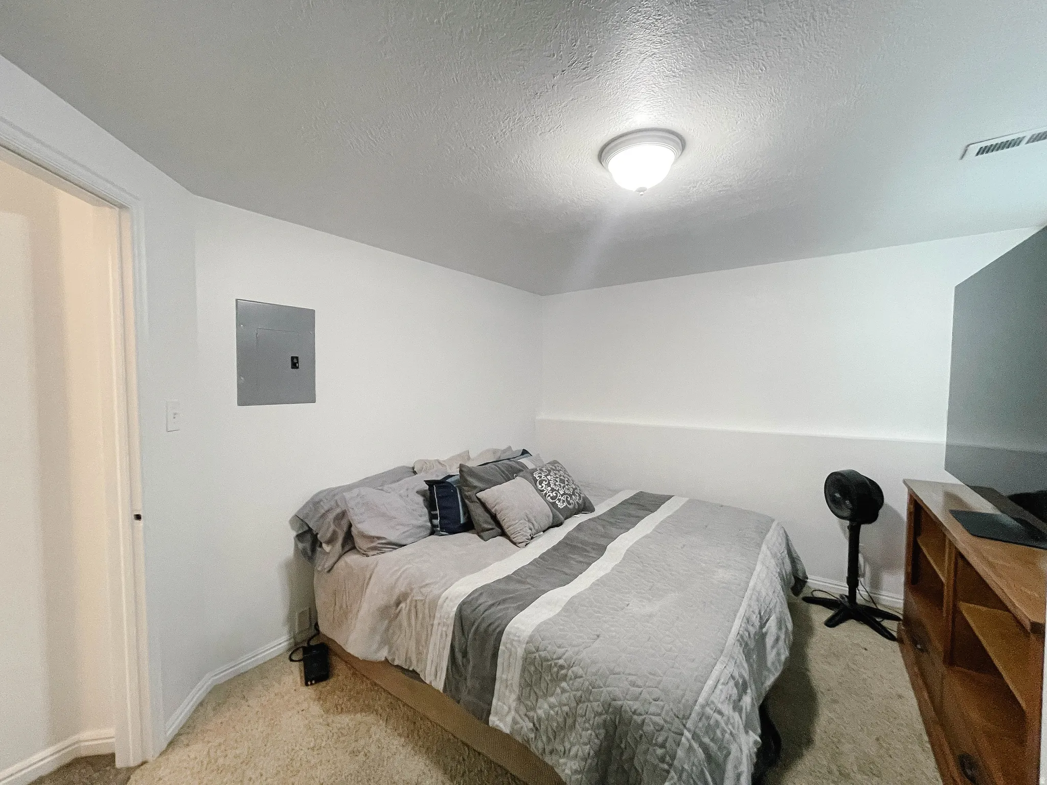 Bedroom featuring light colored carpet, a textured ceiling, and electric panel