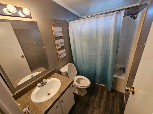 Full bathroom featuring shower / tub combo with curtain, vanity, and dark wood-type flooring