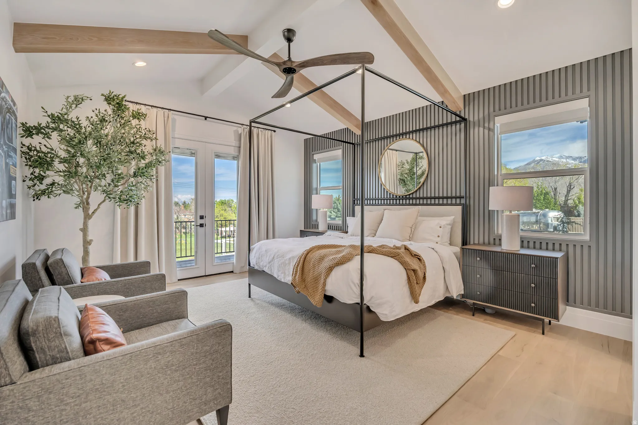 Bedroom featuring french doors, access to outside, beamed ceiling, ceiling fan, and recessed lighting