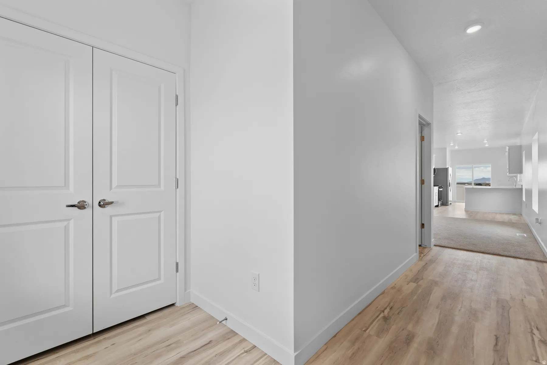 Interior hallway featuring wood-finish flooring, white baseboards, and a pair of paneled doors with brushed nickel hardware