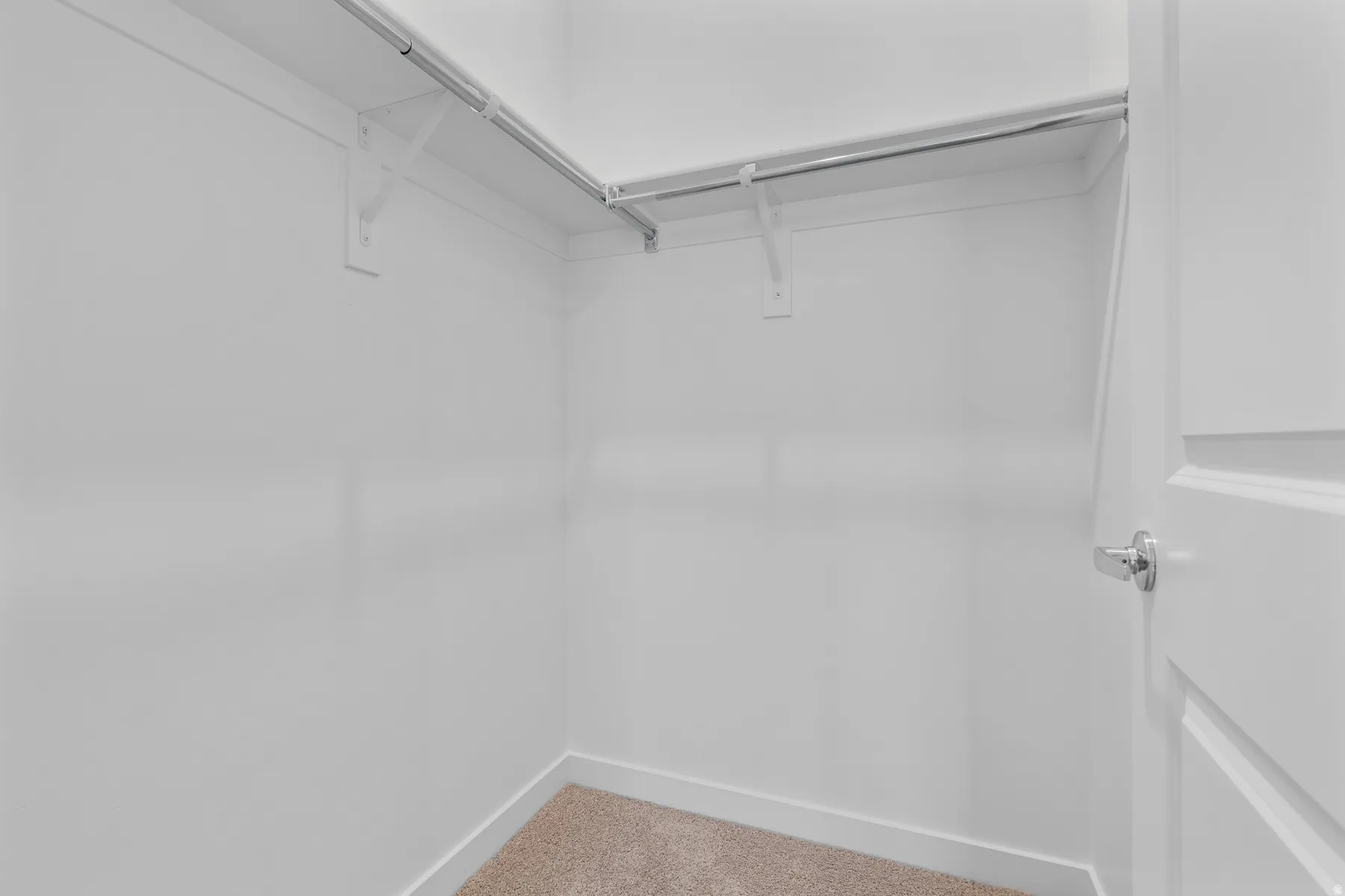 Walk-in closet with light-colored carpeting, white walls, and white baseboards