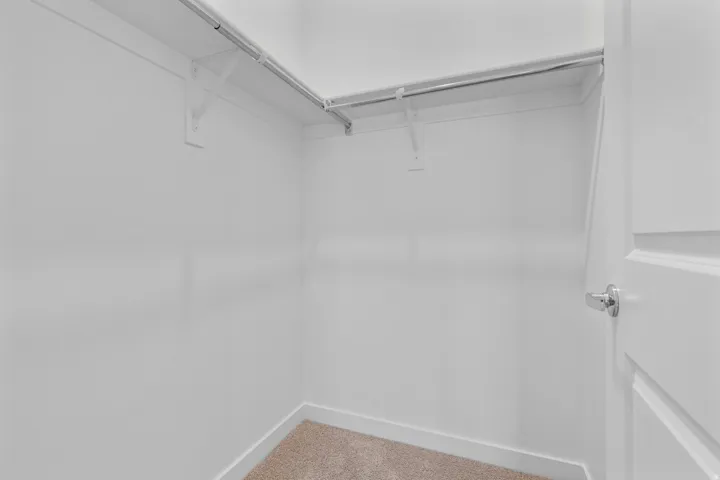 Walk-in closet with light-colored carpeting, white walls, and white baseboards