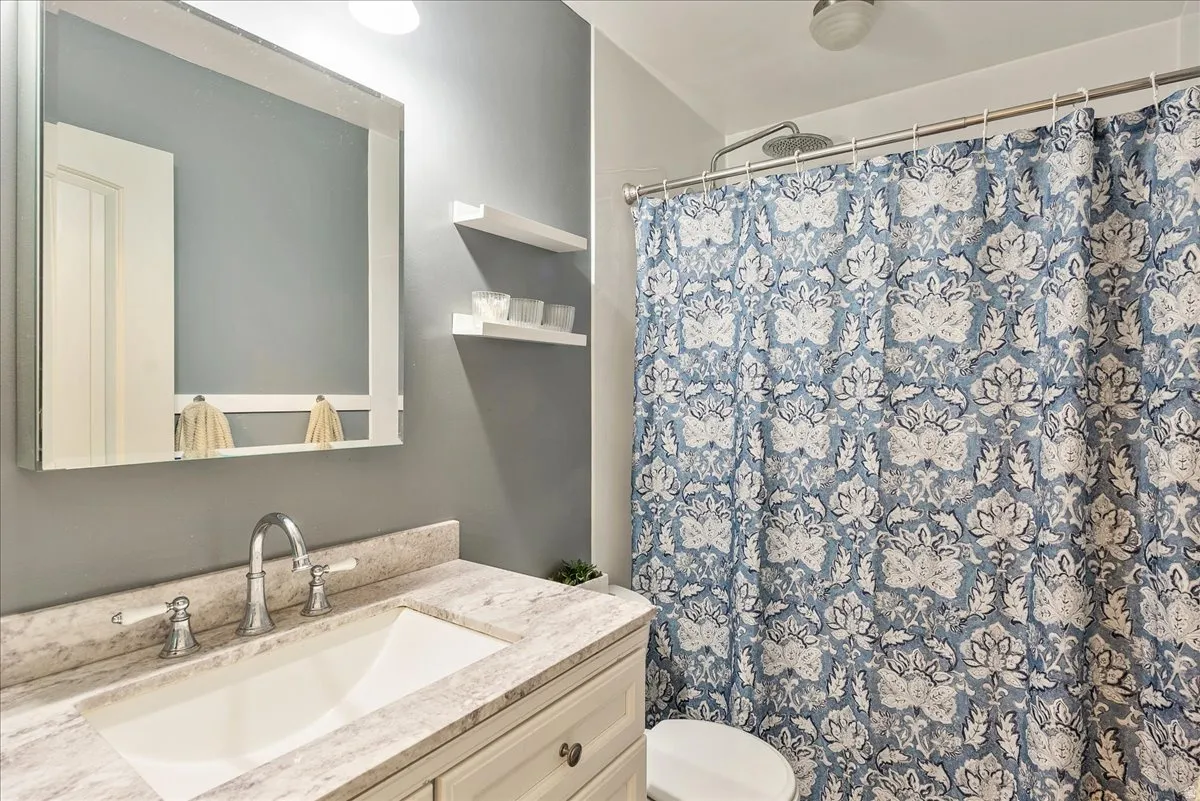 Bathroom featuring vanity and a shower with shower curtain