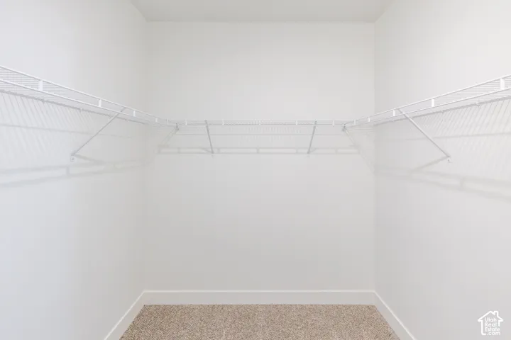 Wall-to-wall carpeting and white wire shelving