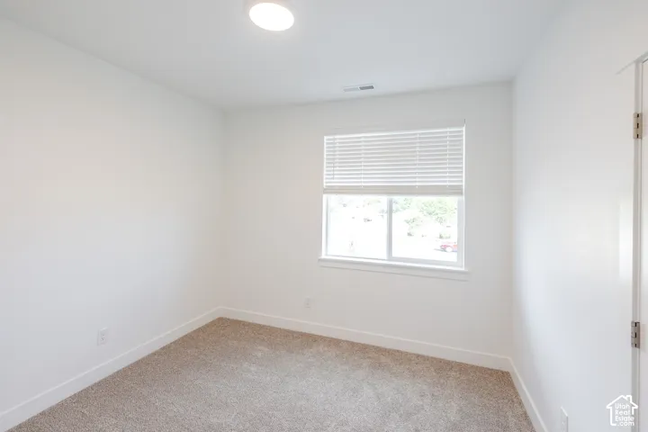 Neutral tone carpeting, white painted walls, single window with blinds, overhead flush mount lighting, and white trim