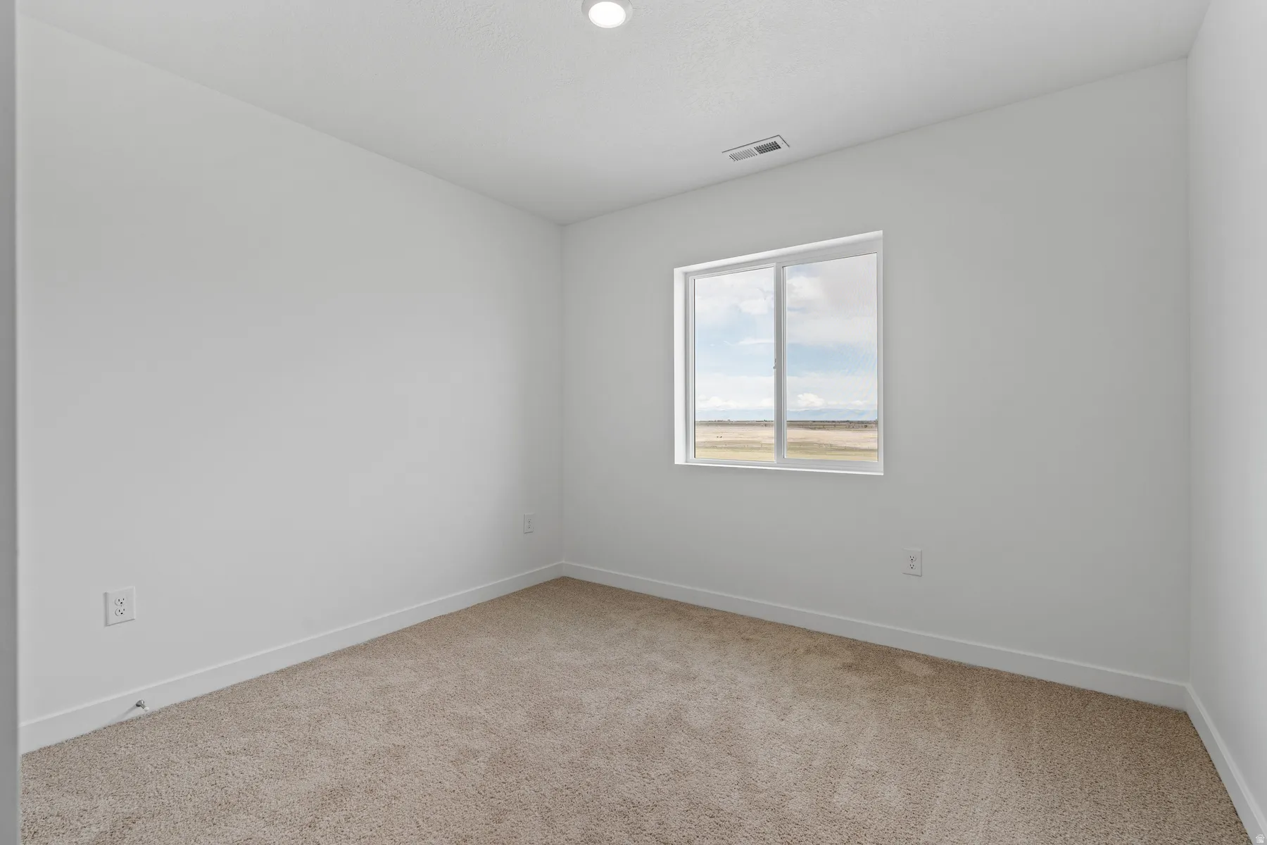 Carpeted room featuring a white single-pane window, white baseboards, and a recessed ceiling light