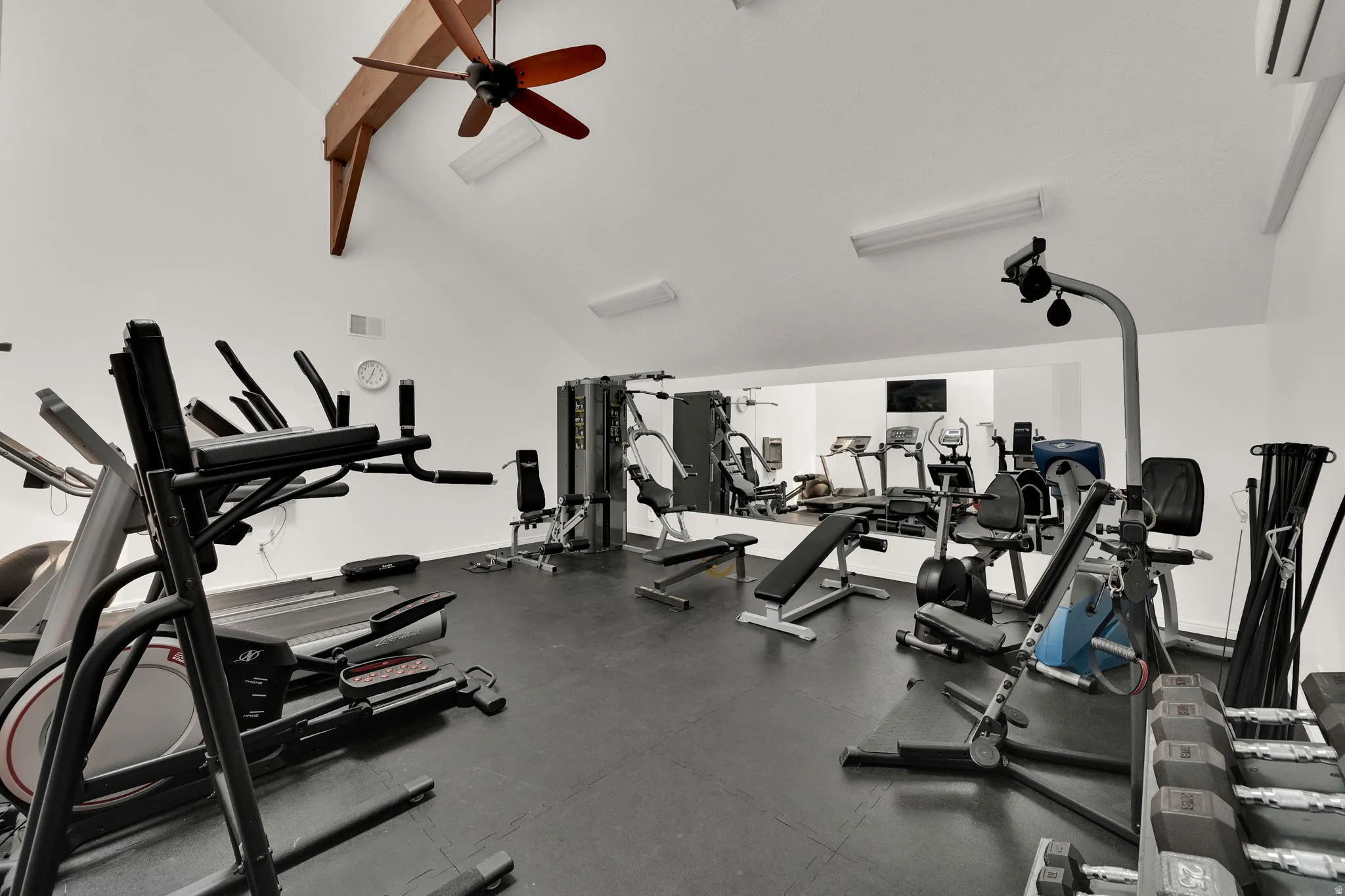 Gym featuring lofted ceiling and a ceiling fan