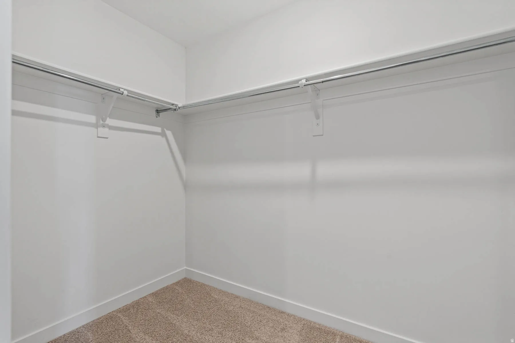 Walk-in closet featuring light-colored carpeting, white baseboards, white painted walls, and metal hanging rods
