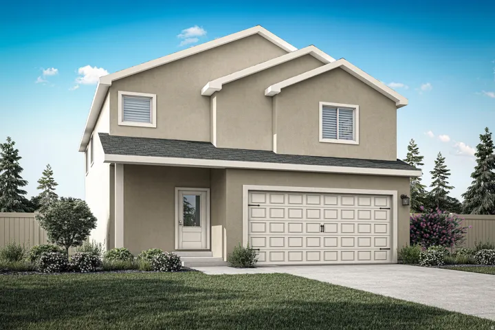 Traditional-style home with an attached garage, stucco siding, concrete driveway, and a shingled roof