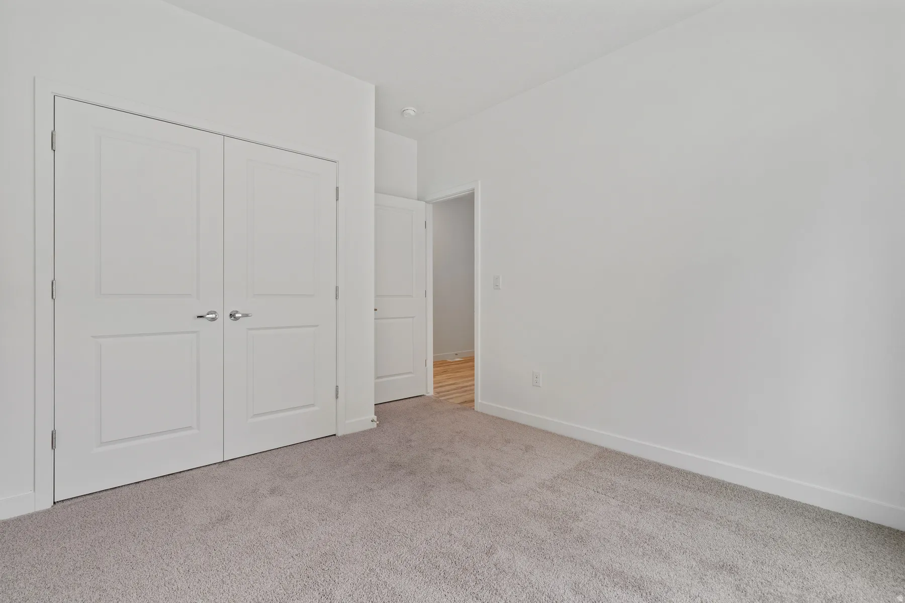 Neutral tone walls and light gray carpet create a versatile canvas