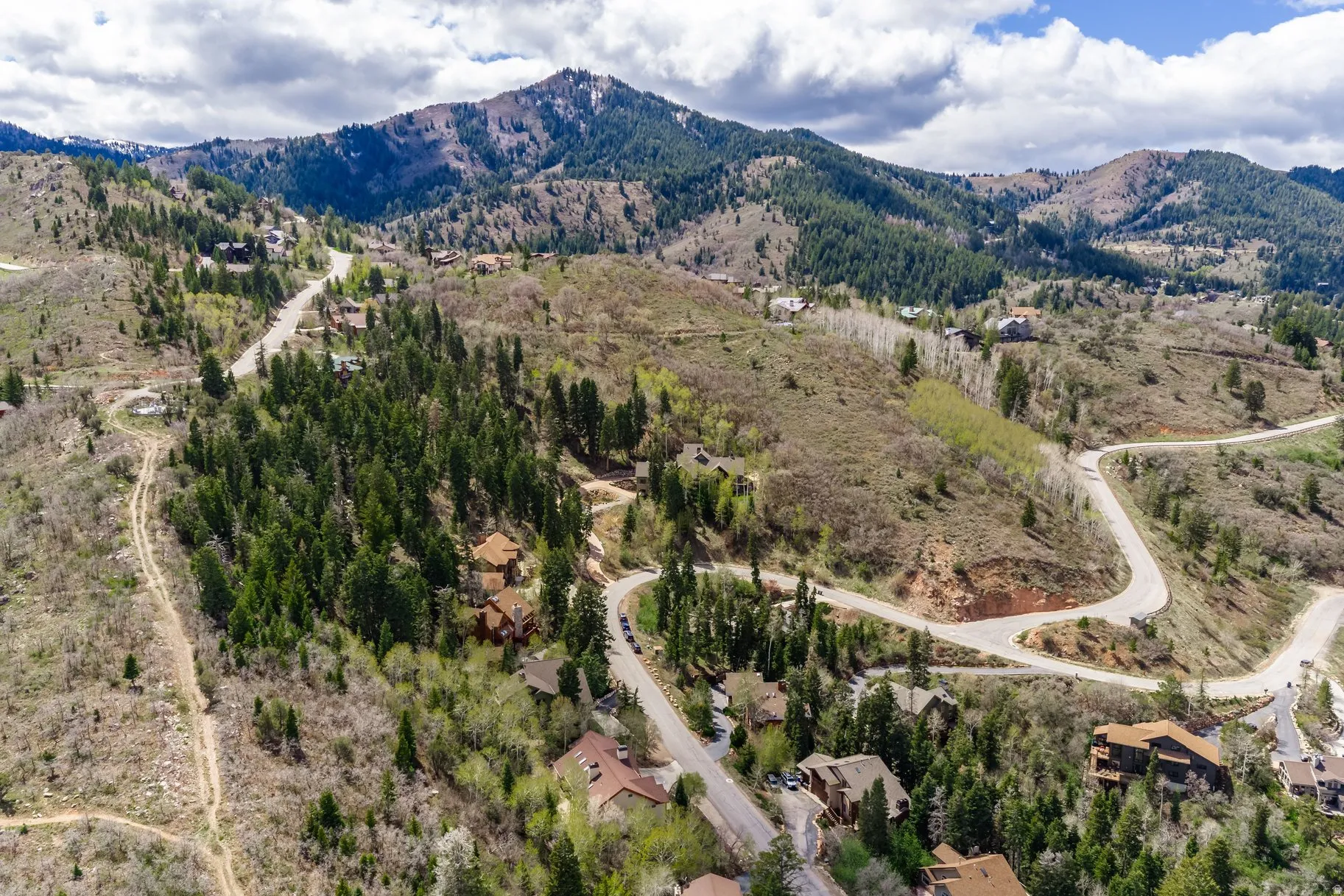 Mountainous terrain featuring winding roads and scattered residential properties among dense evergreen and deciduous trees