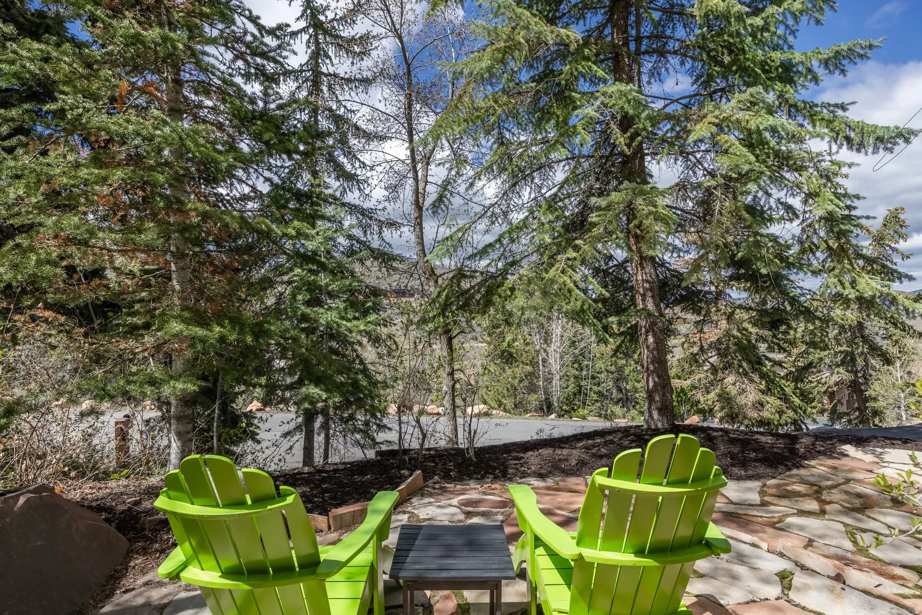 Stone patio with mature evergreen trees and natural rock landscaping