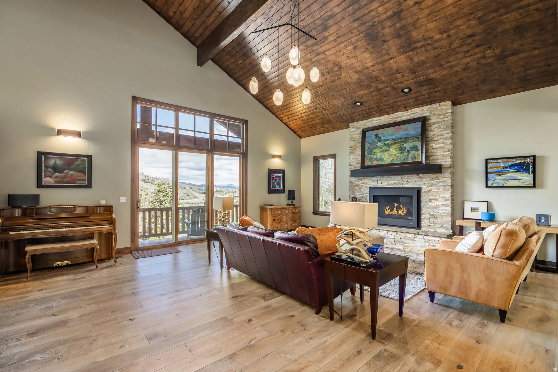 Vaulted wood-paneled ceiling with exposed beams