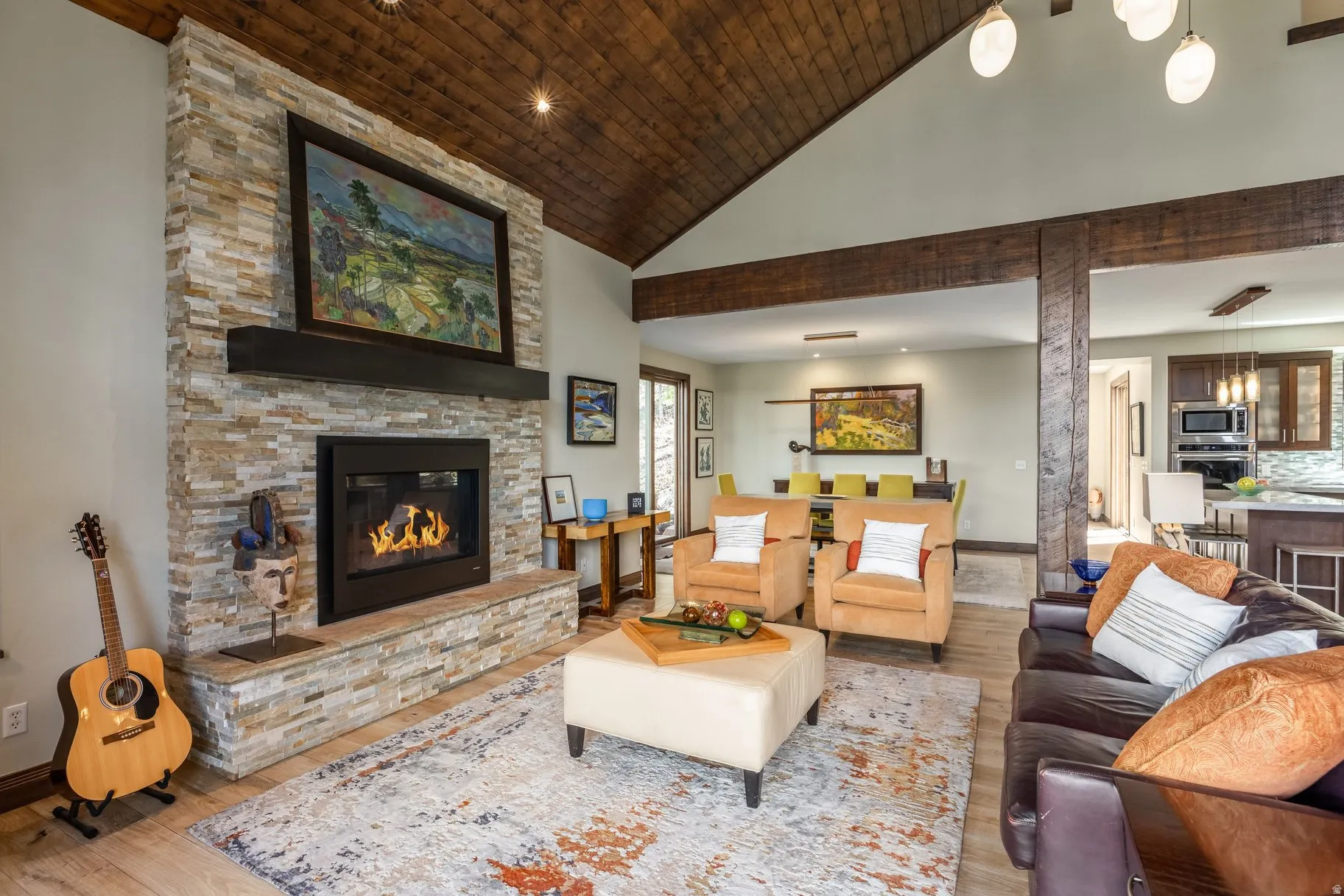 Vaulted wood-paneled ceiling with exposed beams