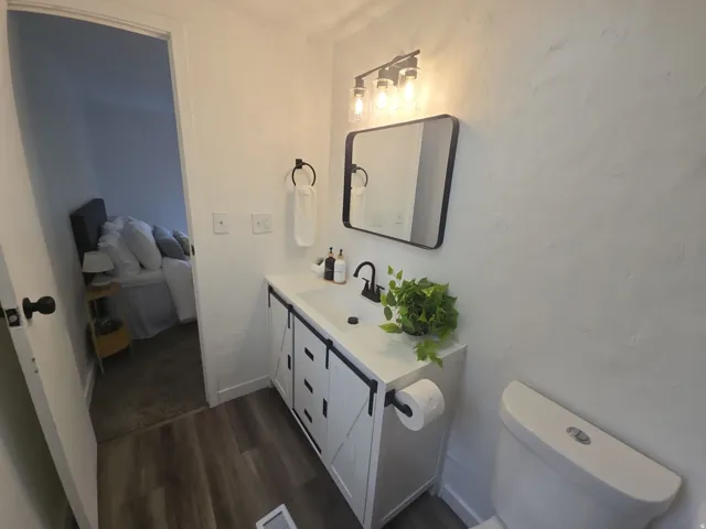 Half bath with vanity, connected bathroom, and dark wood-style flooring