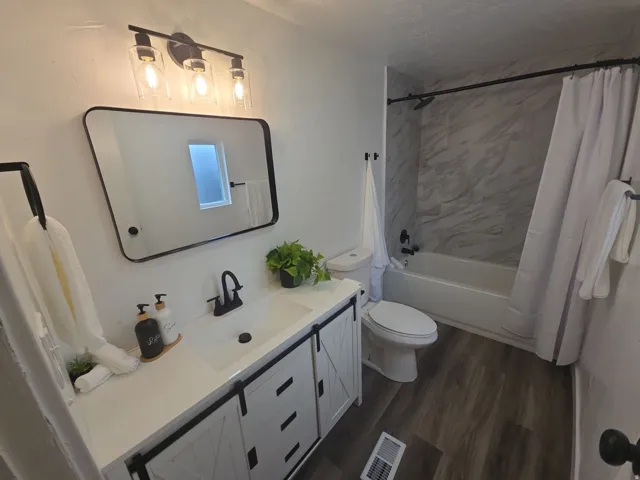 Full bath featuring vanity, dark wood-style flooring, and shower / bath combo