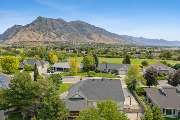 Aerial view of residential area with mountains