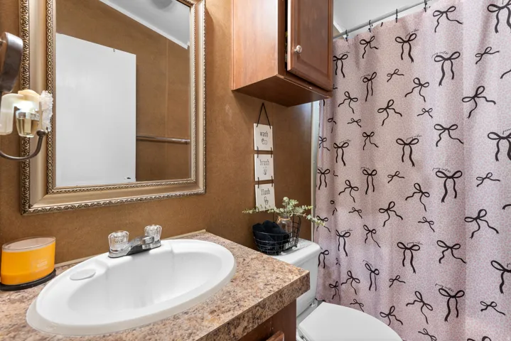 Bathroom with vanity and a shower with shower curtain