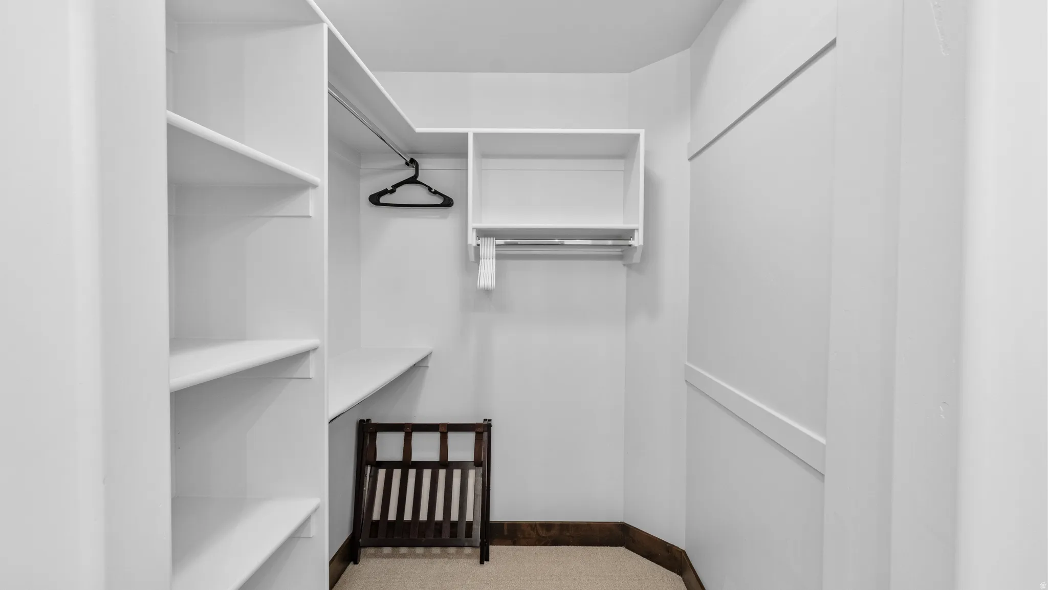 Walk in closet with light carpet