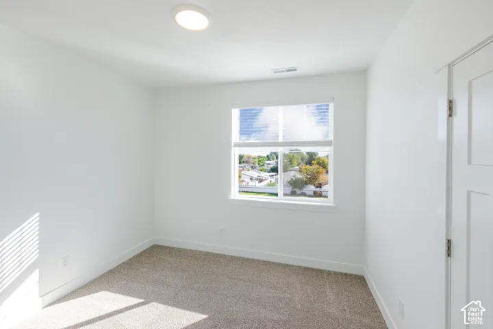 Neutral-toned wall-to-wall carpeting, single-pane window with adjustable blinds, flush-mount ceiling lighting, and solid-core interior door with satin-finish hardware