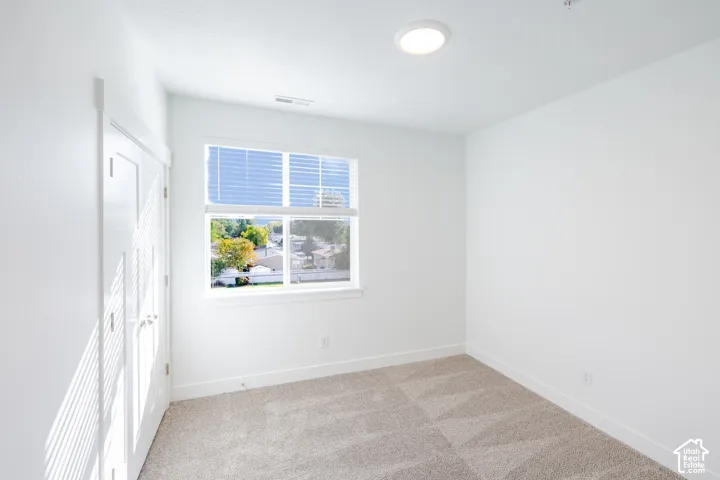 Neutral-toned carpeting, crisp white walls, flush-mount ceiling lighting, and a window with white horizontal blinds