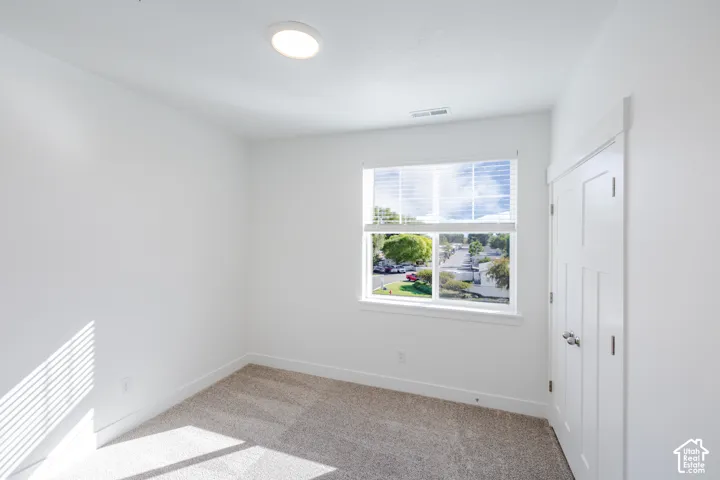 Neutral-toned carpeting, white walls, dual-panel closet doors, single-hung window with blinds, and flush-mount lighting
