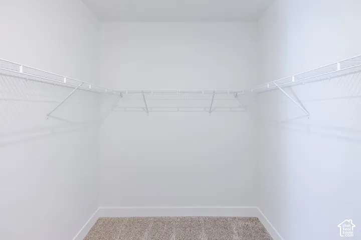 Storage area featuring white wire shelving and neutral carpeting