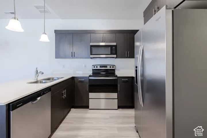Kitchen featuring dark wood-finish cabinetry, stainless steel appliances, quartz countertops, dual-basin stainless steel sink, and pendant lighting