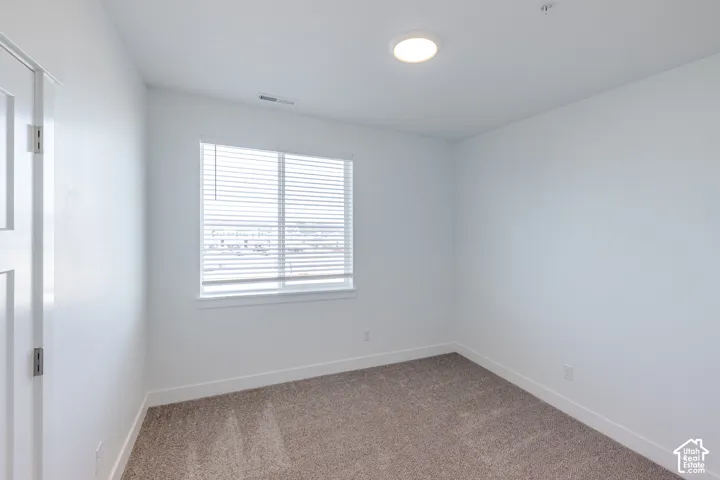 Neutral-toned carpeting, window with installed blinds, and ceiling-mounted light fixture